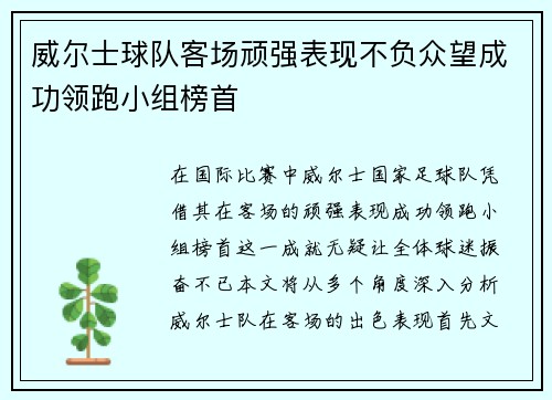 威尔士球队客场顽强表现不负众望成功领跑小组榜首