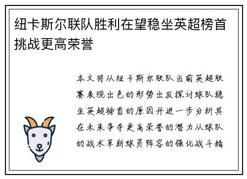 纽卡斯尔联队胜利在望稳坐英超榜首挑战更高荣誉