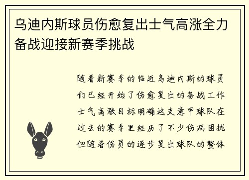 乌迪内斯球员伤愈复出士气高涨全力备战迎接新赛季挑战