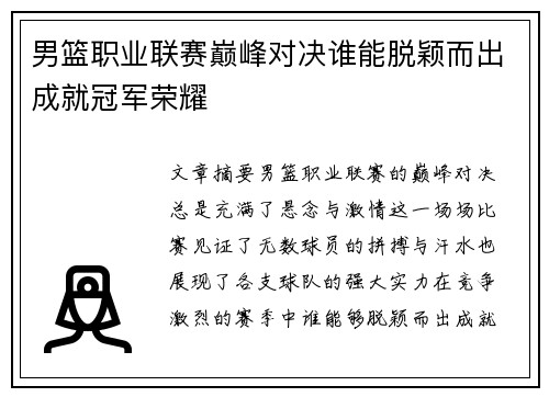 男篮职业联赛巅峰对决谁能脱颖而出成就冠军荣耀