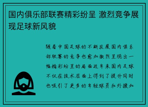 国内俱乐部联赛精彩纷呈 激烈竞争展现足球新风貌
