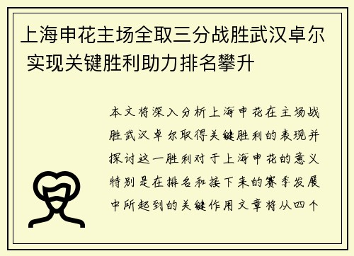 上海申花主场全取三分战胜武汉卓尔 实现关键胜利助力排名攀升
