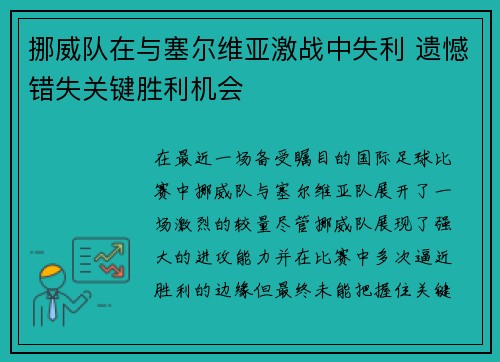 挪威队在与塞尔维亚激战中失利 遗憾错失关键胜利机会