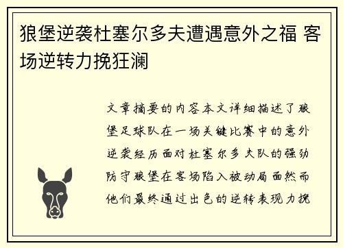 狼堡逆袭杜塞尔多夫遭遇意外之福 客场逆转力挽狂澜